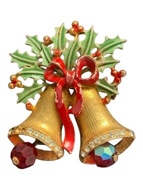 Vintage Albert Weiss Gold-Tone Holiday Bell Brooch with Red Bow and Green Holly